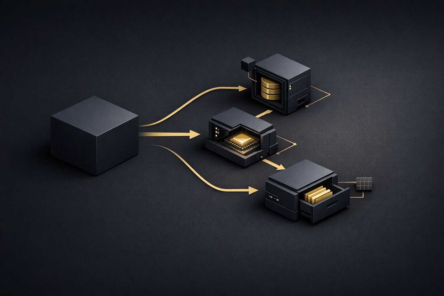Isometric diagram: one sealed fused block separated into three distinct inspectable modules